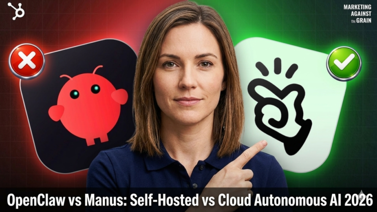 ClawBot Vs Manus comparison graphic showing self-hosted OpenClaw robot rejected versus approved cloud Manus claw icon with woman pointing in 2026 AI agent showdown