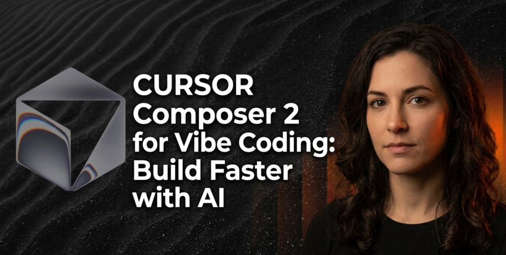 cursor composer 2 vibe coding header with woman and iridescent prism against starry dunes landscape for faster AI-powered development in Cursor IDE 2026