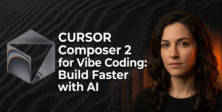 cursor composer 2 vibe coding header with woman and iridescent prism against starry dunes landscape for faster AI-powered development in Cursor IDE 2026
