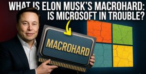 Elon Musk's Macrohard announcement graphic holding Macrohard plaque with cracked Microsoft Windows logo implying threat to software giant in 2026 AI disruption
