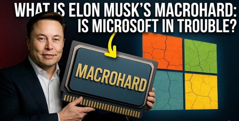 Elon Musk's Macrohard announcement graphic holding Macrohard plaque with cracked Microsoft Windows logo implying threat to software giant in 2026 AI disruption