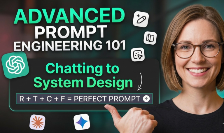 Prompt Engineering 101 advanced guide featuring woman thumbs up with R + T + C + F perfect prompt formula, ChatGPT icon, and system design focus for effective AI interactions in 2026