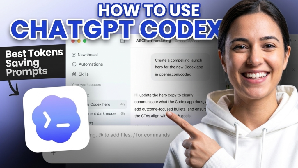 Smiling woman in white hoodie pointing at ChatGPT Codex interface showing best token-saving prompts and automation features