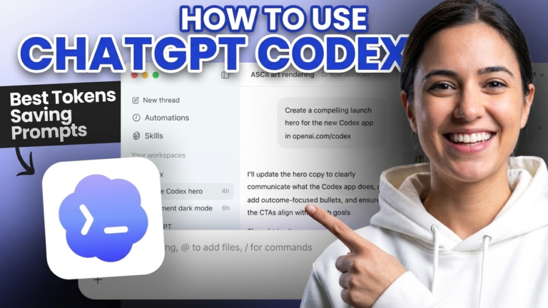 Smiling woman in white hoodie pointing at ChatGPT Codex interface showing best token-saving prompts and automation features