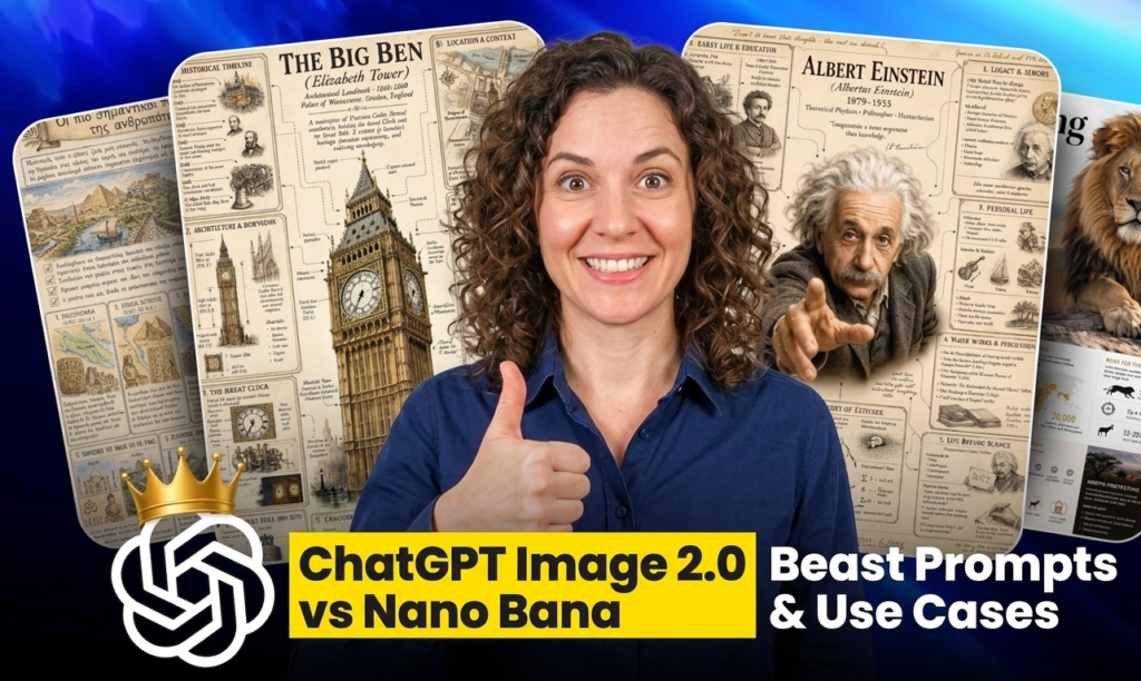 Smiling woman giving thumbs up with educational posters of Big Ben, Albert Einstein, and lion, showcasing ChatGPT Image 2.0 beast prompts and use cases