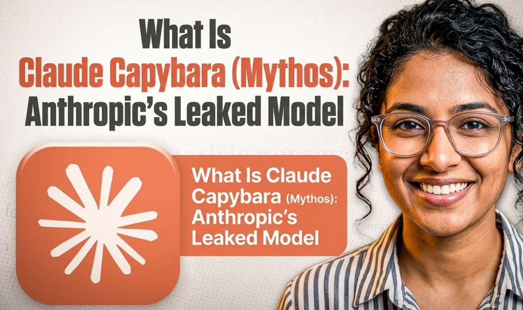 Claude Capybara (Mythos) leaked model announcement with smiling woman holding Anthropic Claude orange icon, exploring Anthropic’s secret next-generation AI model in 2026