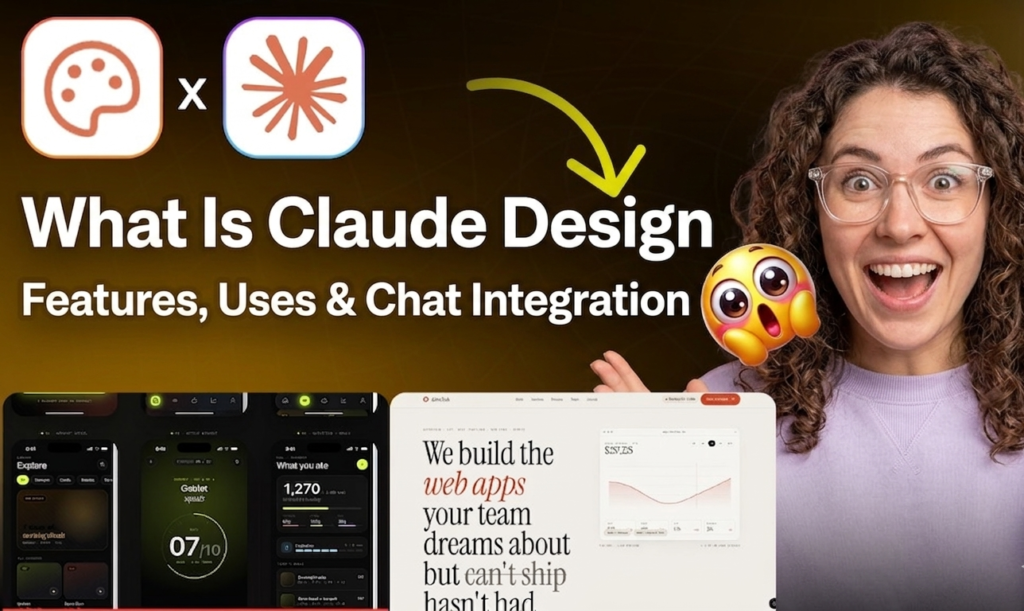 Excited woman with glasses pointing at Claude Design interface showing mobile app mockups and web design examples with Claude logo