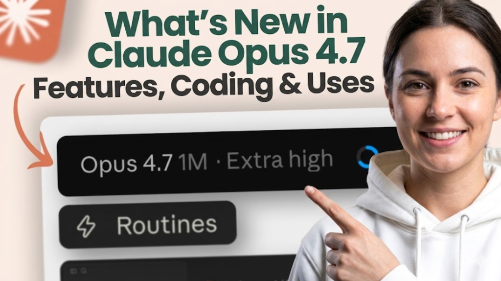 Smiling woman in white hoodie pointing at Claude Opus 4.7 interface showing 1M context, Extra high mode, and Routines feature