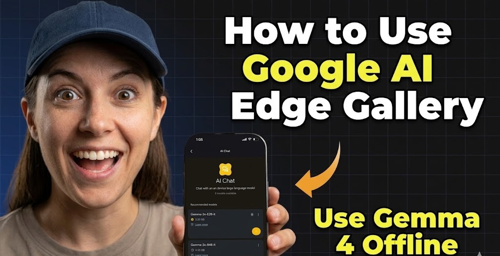 Excited woman holding smartphone displaying Google AI Edge Gallery interface with Gemma 4 offline models on screen