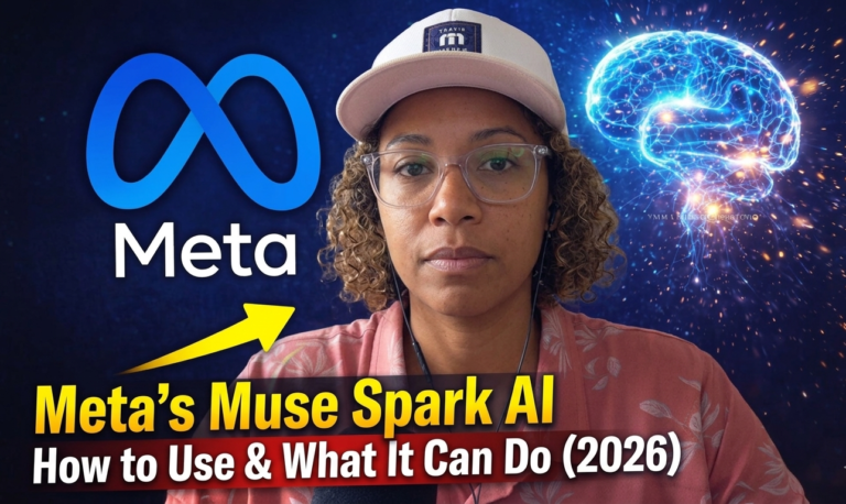 Woman wearing glasses and cap looking at camera with Meta logo and glowing AI brain, representing Meta's Muse Spark AI in 2026