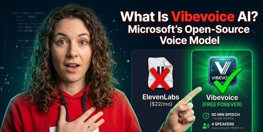 Woman in red hoodie looking surprised while pointing at Microsoft Vibevoice AI comparison with ElevenLabs, highlighting free open-source voice model