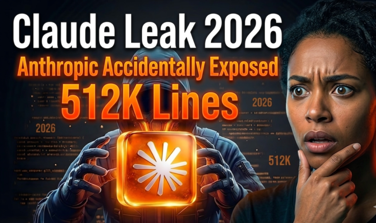 Shocked woman looking at futuristic figure holding glowing Claude logo with text "Claude Leak 2026" and "Anthropic Accidentally Exposed 512K Lines"