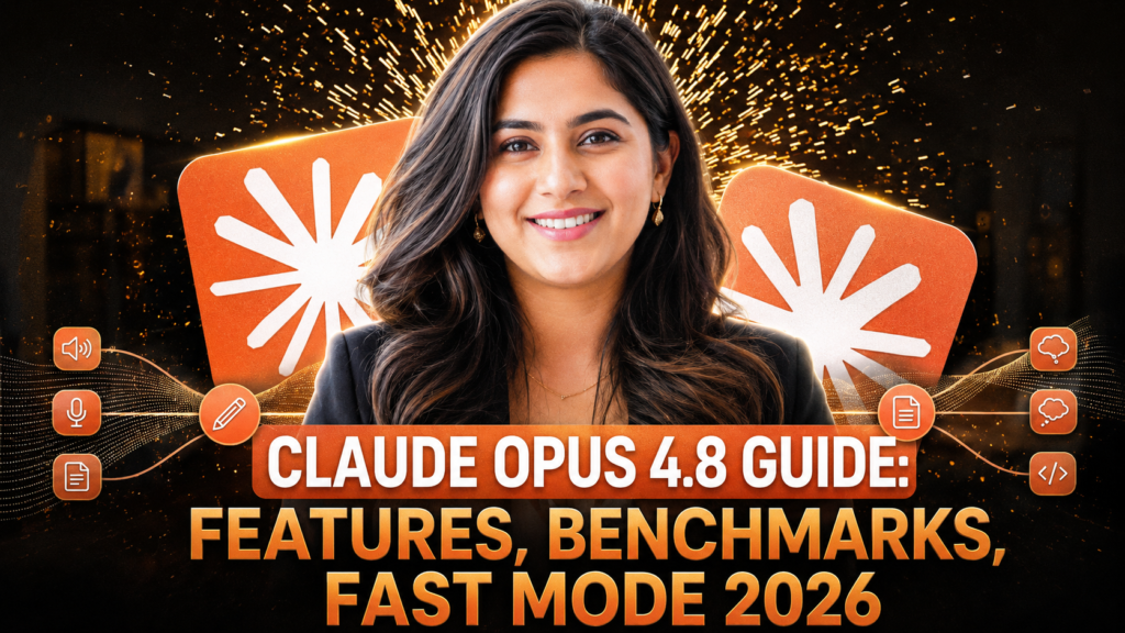 Featured image showing a smiling woman in front of Claude AI logos with a glowing orange and black futuristic background. Large text reads “Claude Opus 4.8 Guide: Features, Benchmarks, Fast Mode 2026,” highlighting a comprehensive guide to the latest Claude Opus AI model and its capabilities.