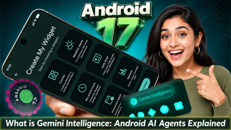 A futuristic Android 17 themed thumbnail showing a woman holding a smartphone with Gemini Intelligence AI widgets and Android AI agent interface on screen.