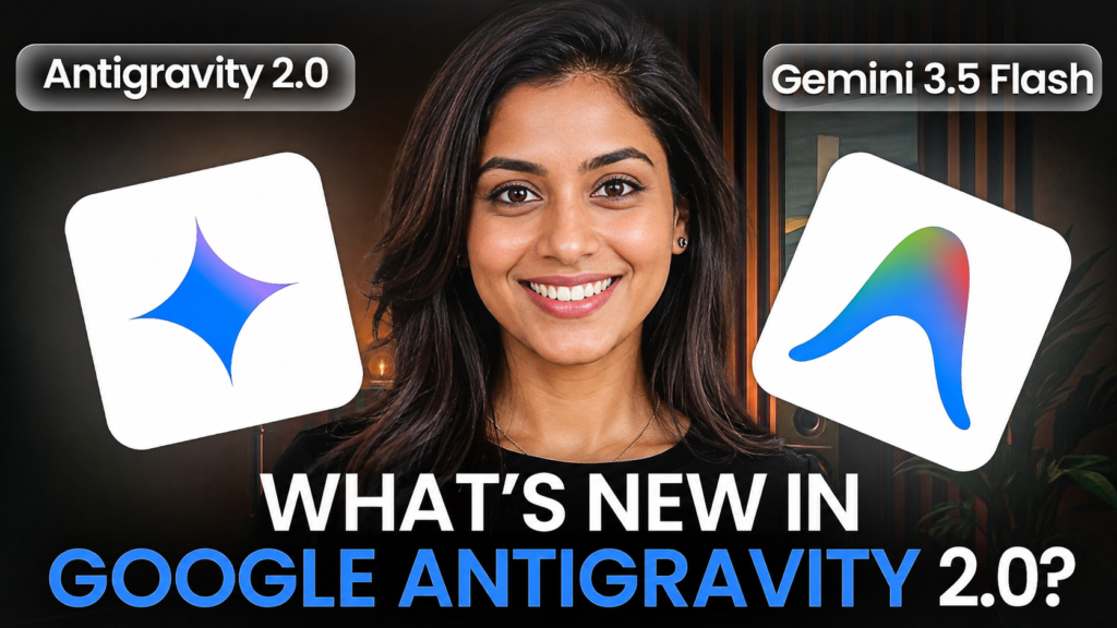 A thumbnail showing a smiling young woman in the center with Google Antigravity 2.0 and Gemini 3.5 Flash logos on both sides, featuring the bold headline “What’s New in Google Antigravity 2.0?” against a dark modern tech-themed background.