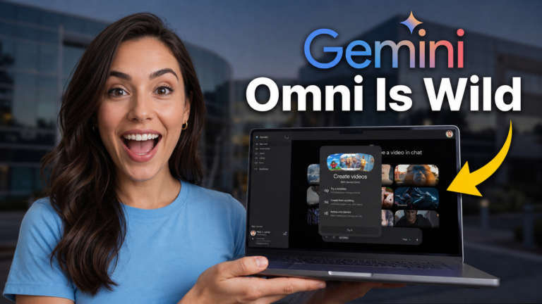 Excited woman holding a laptop displaying the Gemini Omni interface with the text “Gemini Omni Is Wild” and a yellow arrow pointing toward AI video creation features on the screen.