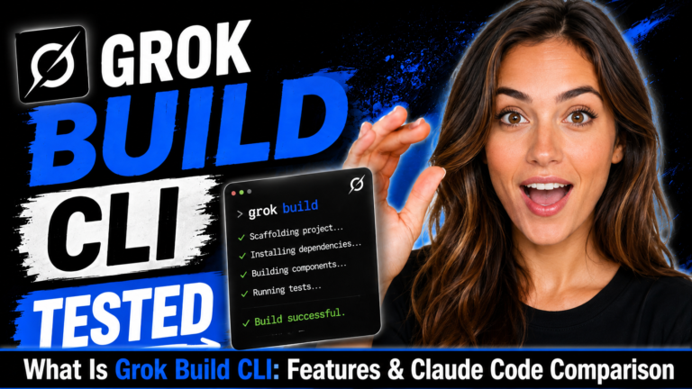 YouTube-style thumbnail showing a woman reacting to Grok Build CLI with bold blue and white text reading “What Is Grok Build CLI: Features & Claude Code Comparison” on a dark tech-themed background.