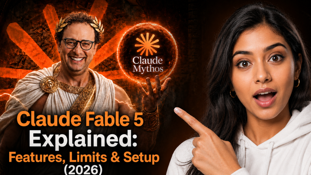 Claude Fable 5 Explained featured image showing a mythical AI-themed character with a glowing Claude Mythos orb and a surprised woman in a white hoodie pointing toward the model, highlighting features, limits, and setup in 2026.