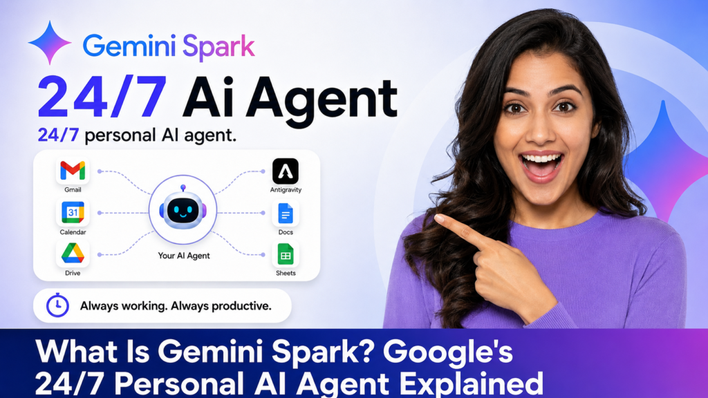 Featured image showing a smiling woman in a purple top pointing toward a Gemini Spark AI interface. The graphic highlights Gemini Spark as Google's 24/7 personal AI agent, featuring integrations with Gmail, Calendar, Google Drive, Docs, and Sheets. Large text reads: "What Is Gemini Spark? Google's 24/7 Personal AI Agent Explained."