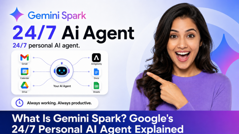 Featured image showing a smiling woman in a purple top pointing toward a Gemini Spark AI interface. The graphic highlights Gemini Spark as Google's 24/7 personal AI agent, featuring integrations with Gmail, Calendar, Google Drive, Docs, and Sheets. Large text reads: "What Is Gemini Spark? Google's 24/7 Personal AI Agent Explained."