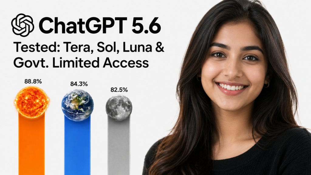 YouTube-style thumbnail featuring the ChatGPT logo and the title "ChatGPT 5.6 Tested: Tera, Sol, Luna & Govt. Limited Access." A smiling woman appears on the right, while the left side shows a comparison chart with Sun, Earth, and Moon icons displaying benchmark scores of 88.8%, 84.3%, and 82.5%.