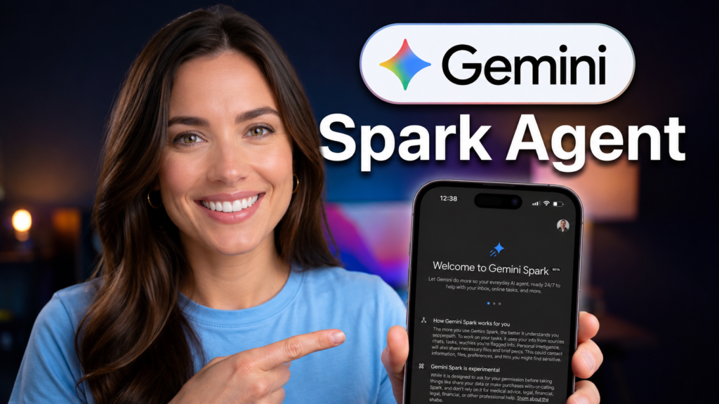 Smiling woman pointing toward a smartphone displaying the Gemini Spark interface, with the "Gemini Spark Agent" title prominently shown against a modern, colorful tech-themed background.